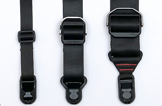 Here you can see the size difference between the hardware on the Leash (left most), the Slide LITE and the Slide. Don't you worry, the small buckle on the Leash still allows you to easily adjust the length of the strap, without the bulk of the other buckles.