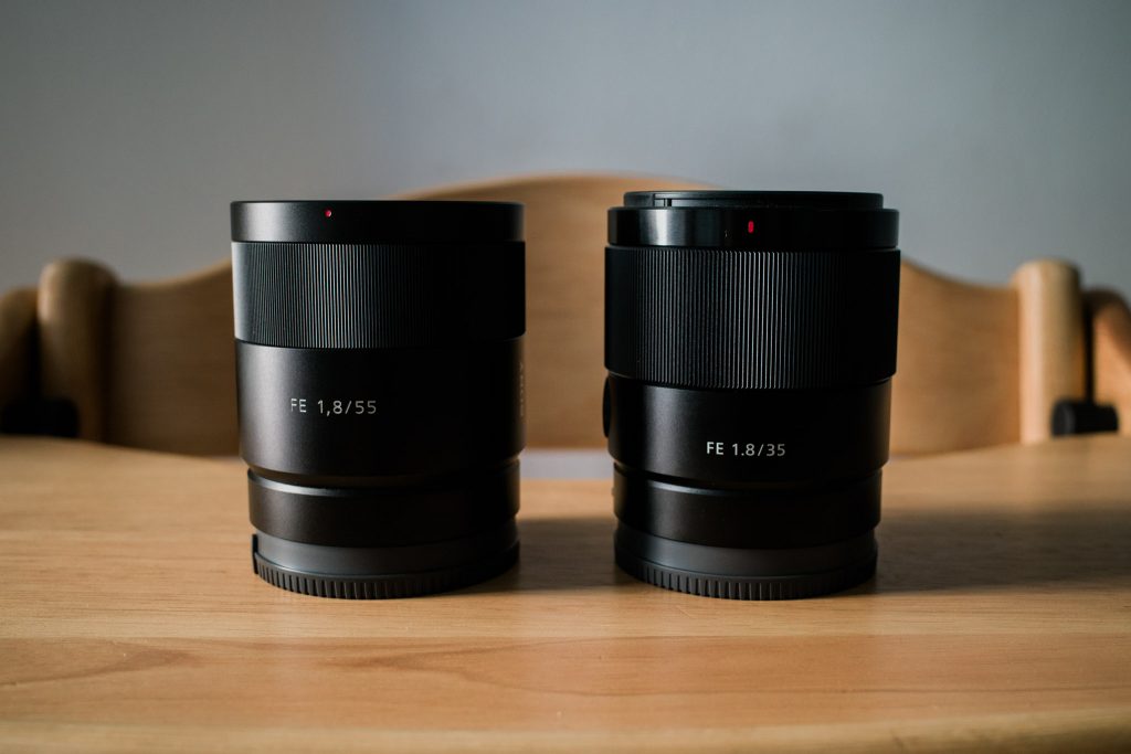 Size comparison between the Sony FE 35mm f/1.8 and the Sony Zeiss 55mm f/1.8 lenses