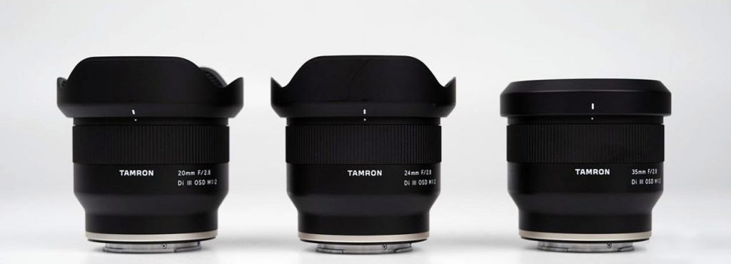 Tamron f/2.8 macro prime lenses for Sony FE, with hoods mounted.