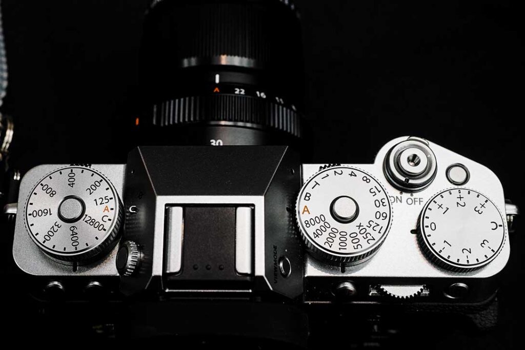 Close-up of Fuji camera dials, shutter speed and ISO dials