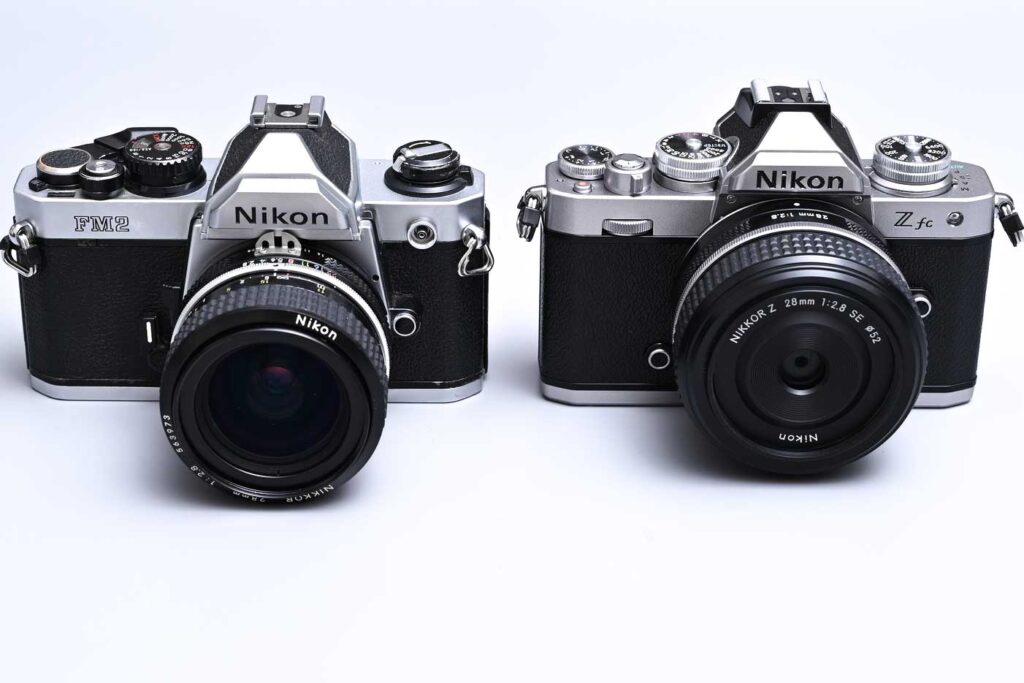 Nikon zfc with Nikon Z 28mm f/2.8 size comparison with Nikon FM2