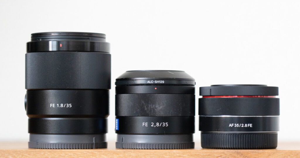Size comparison between the Sony 35mm f/1.8 vs Zeiss 35mm f/2.8 and Samyang 35mm f/2.8