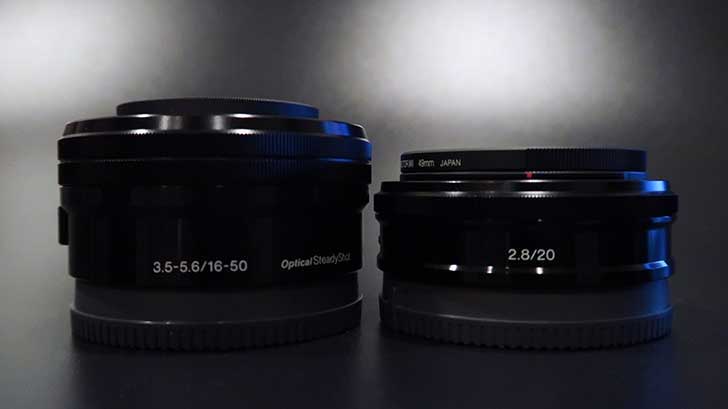 Size comparison of the Sony 20mm f/2.8 pancake vs the Sony 16-50mm kit lens