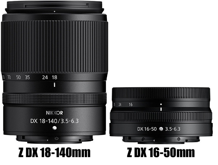 Size comparison between the Nikon Z DX 16-50mm kit lens and the Nikon Z DX 18-140mm ultra zoom lens
