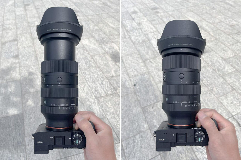 The Sigma 28-105mm f/2.8 standard zoom on a Sony a7CR, the lens is shown in its collapsed and extended states.
