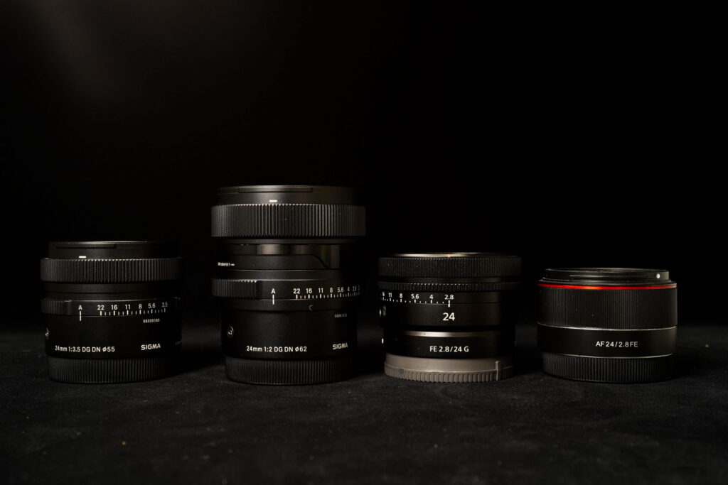 The smallest 24mm lenses for full frame Sony E mount - the Sigma 24mm f/3.5, Sigma 24mm f/2, Sony 28mm f/2.8 G and the Samyang 24mm f/2.8 FE