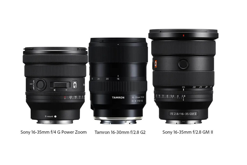 Size comparison between the Tamron 16-30mm f/2.8 G2 vs the Sony 16-35mm f/4 PZ vs the Sony 16-35mm f/2.8 GM II.