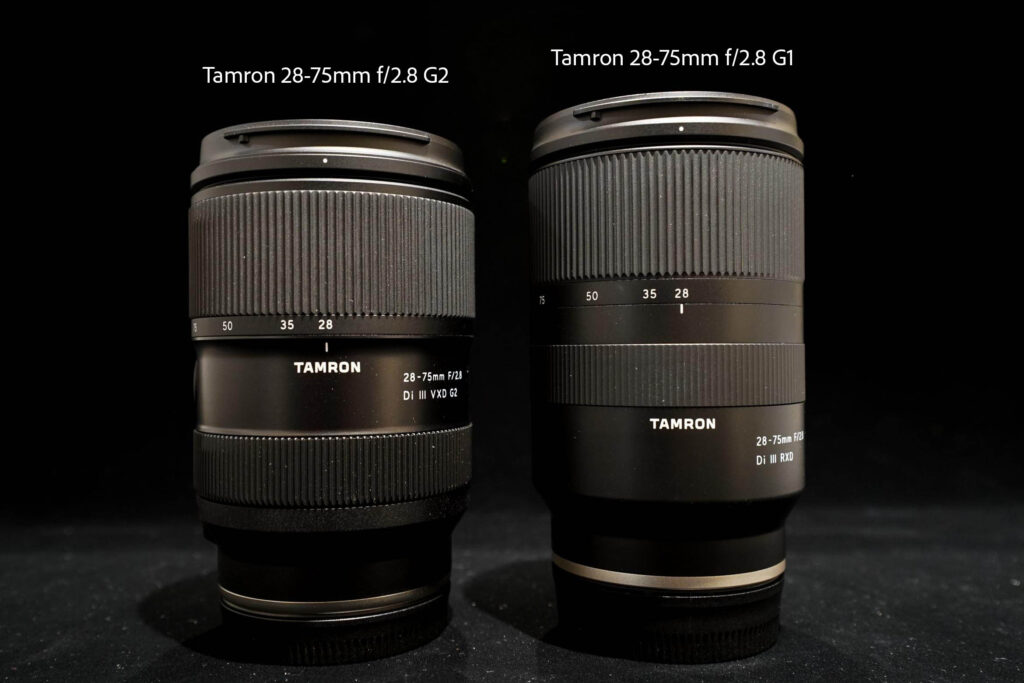 Size comparison between the Tamron 28-75mm f/2.8 G1 and the Tamron 28-75mm f/2.8 G2. The best standard zoom for Sony E Mount.
