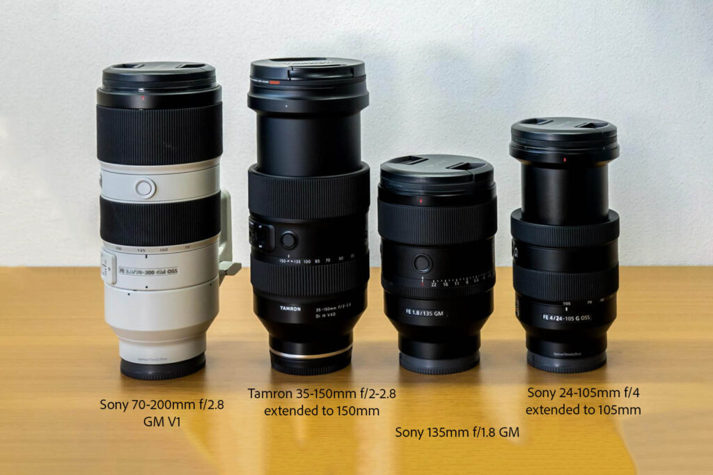 Size comparison between the Sony 70-200mm f/2.8 GM, Tamron 35-150mm f/2-2.8 with lens barrel extended, Sony 135mm f/1.8 GM and Sony 24-105mm f/4 G lenses.